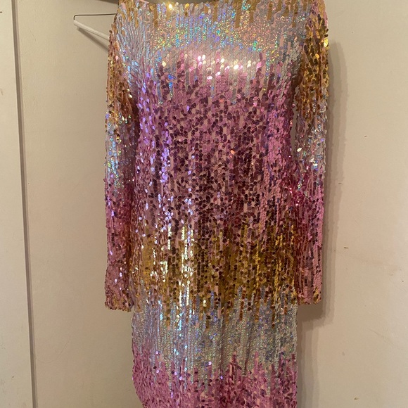 SOLD: Pink, Gold, Silver gradient/ombré sequined long sleeve cocktail dress - Picture 6 of 6